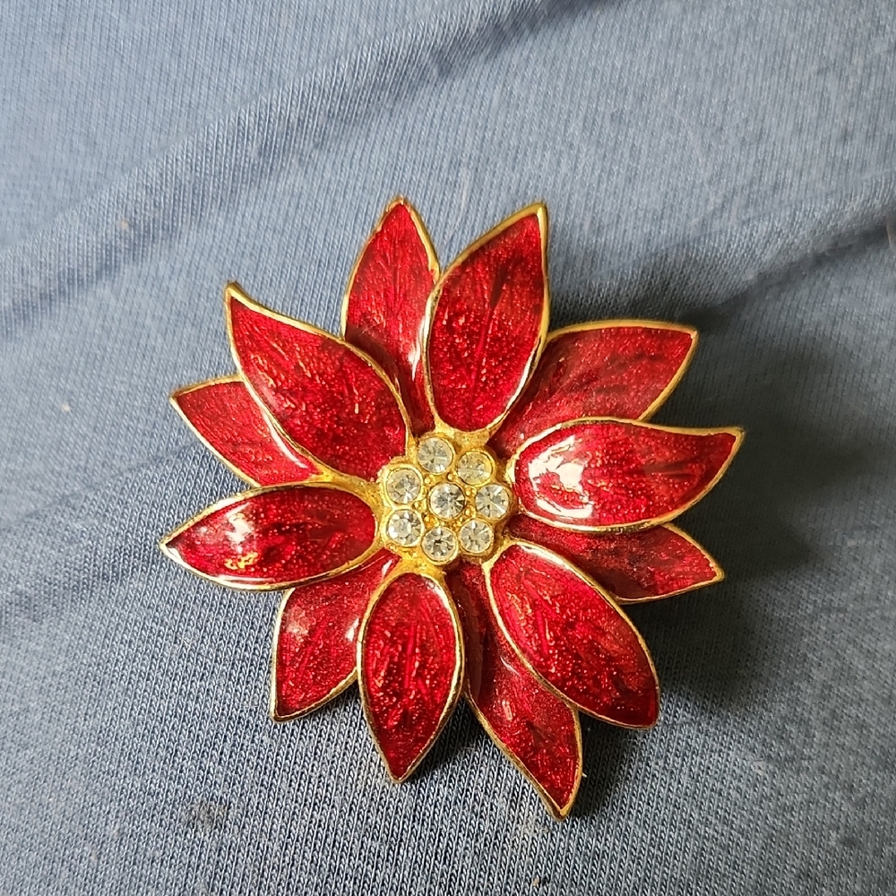 Source Unknown Red and Gold Floral Brooch